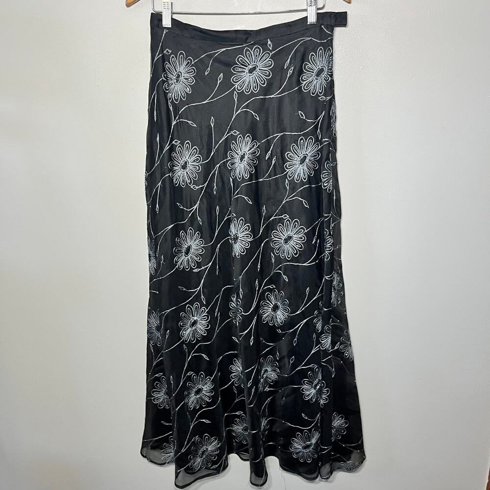 VTG Chetta B Skirt Maxi Black Silk Fairygoth Floral Beaded Whimsygoth Formal 8